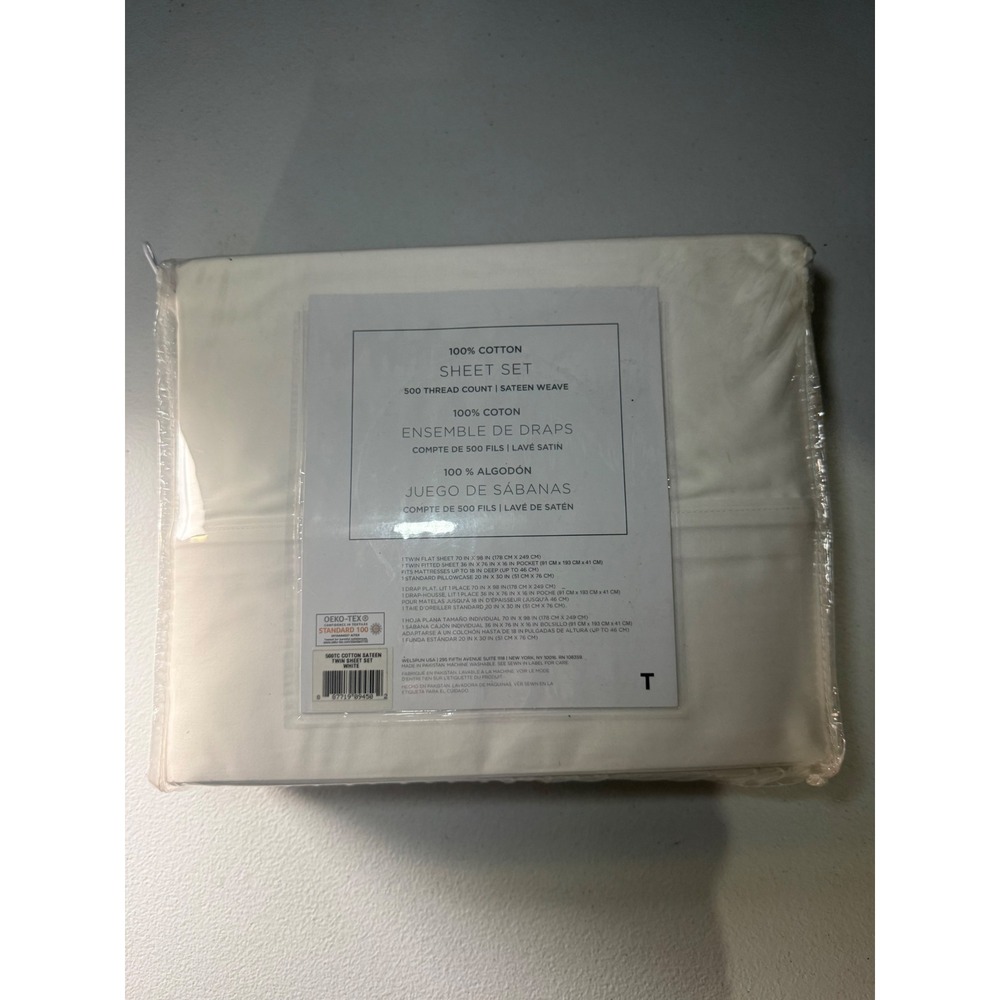 Welspun 500 TC Cotton Sateen Twin Sheet Set White 3pc Deep Pocket
